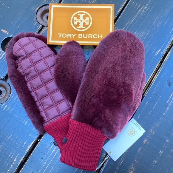 Tory Burch Rabbit Fur Mittens in Imperial Garnet - Picture 4 of 11